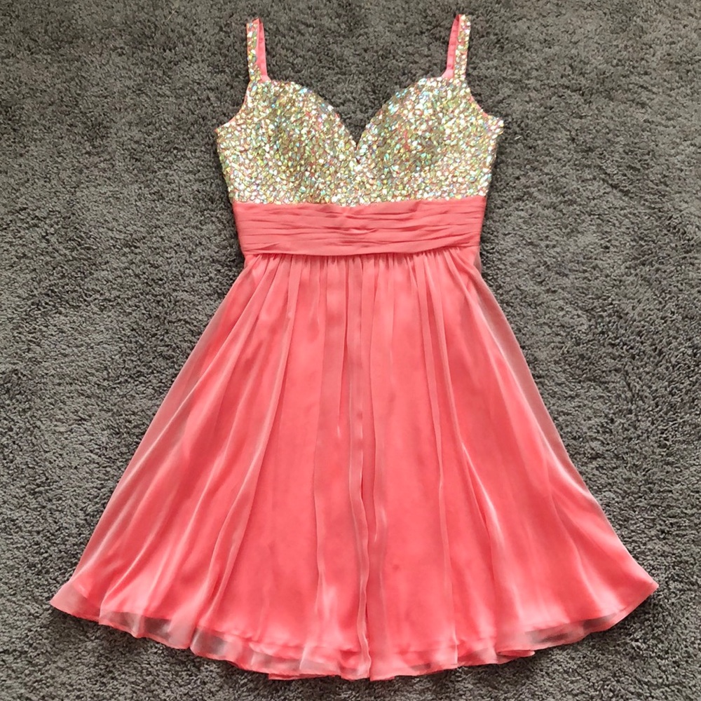 La Femme Peach Rhinestone Chiffon Cocktail Dress